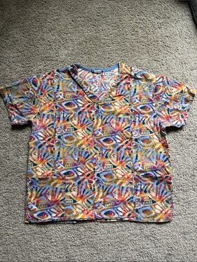 Scrub Top- Rainbow Abstract Print V-Neck Short Sleeve